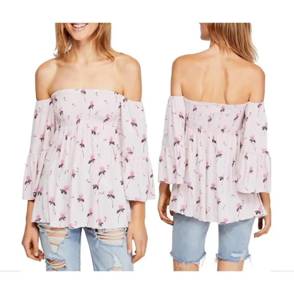 FREE PEOPLE Lana Pale Pink Blush Off the Shoulder Floral Print Tunic // S